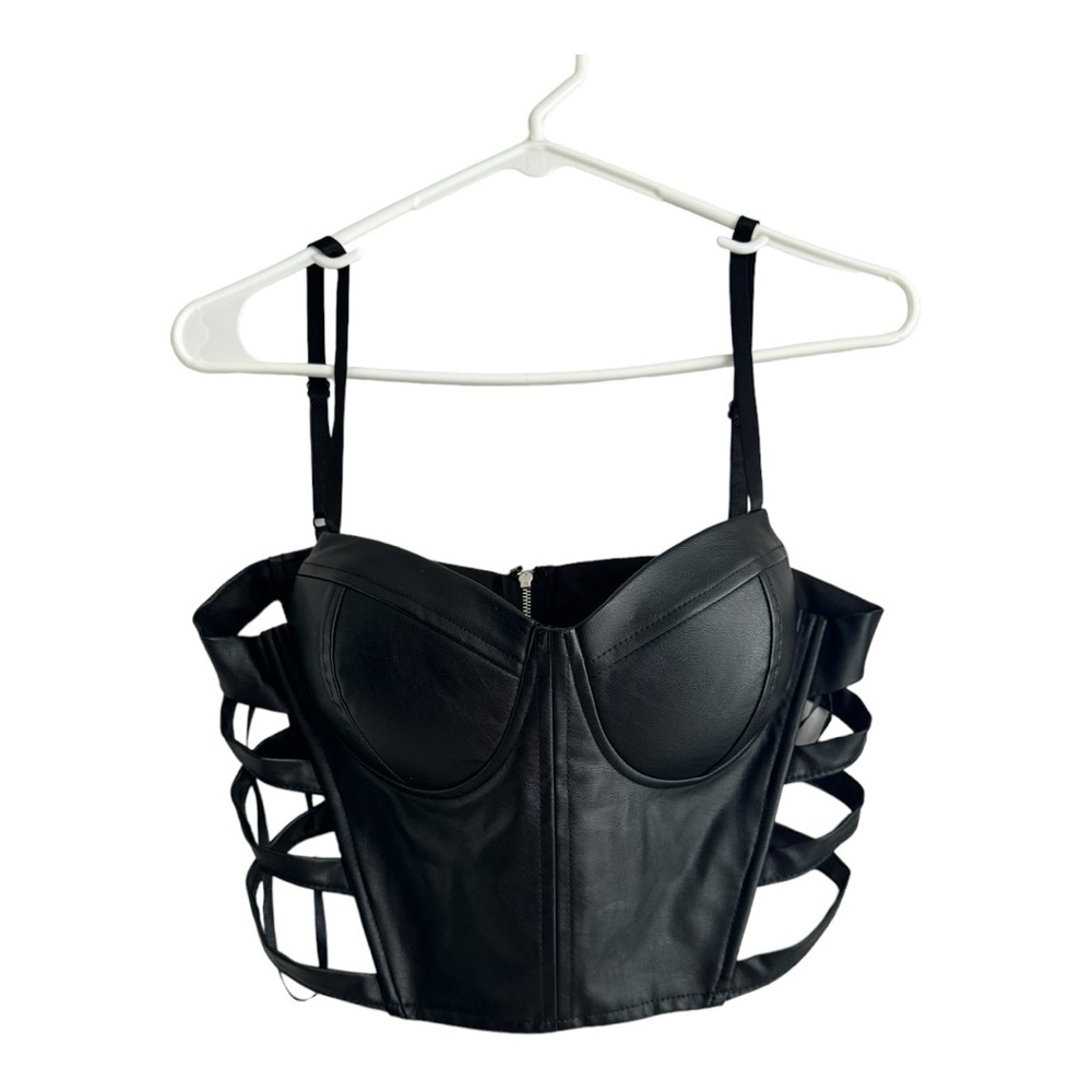 Faux Leather Black Strappy Bustier Top